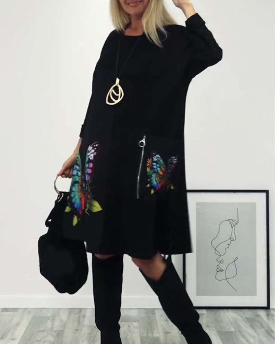 Vlinderprint jurk met lange mouwen en zakken