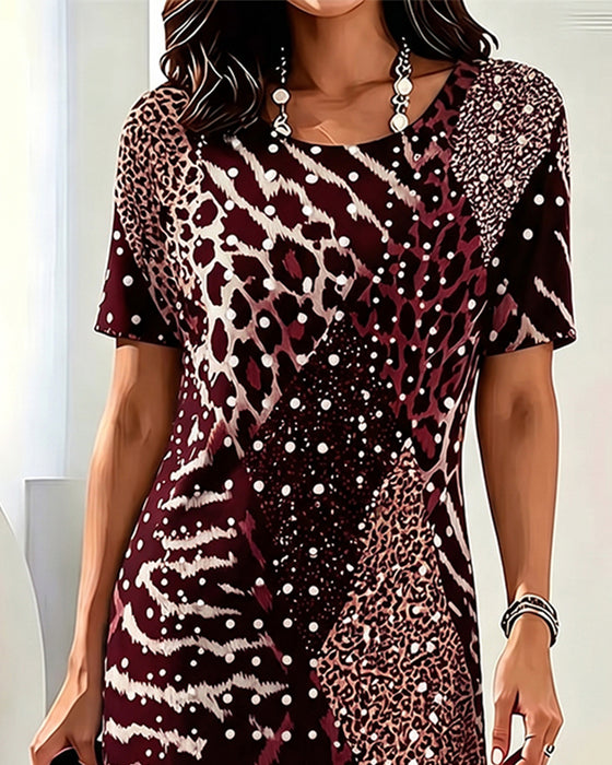 Jurk Luipaardprint Rondhals Kortmouw Patchwork
