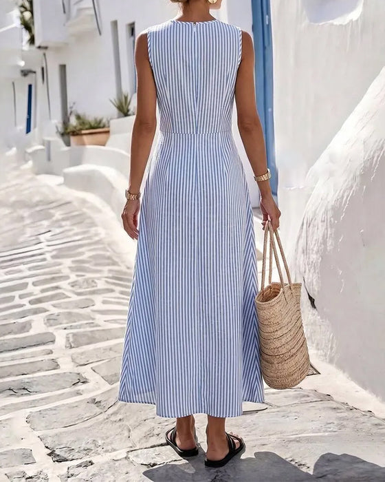 Jurk Streep Twist Taille Mouwloos Maxi