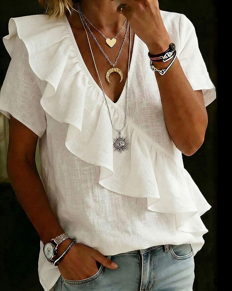 Blouse V-Hals Korte Mouw Ruches