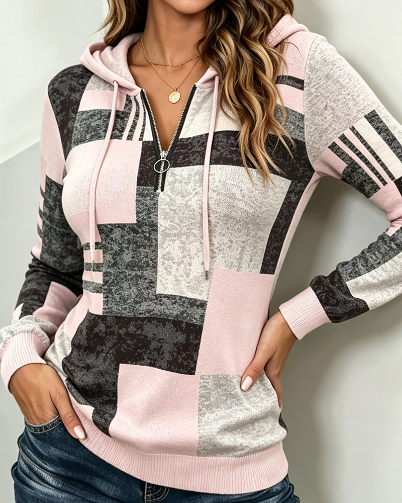 Hoodie Half-Zip Casual Contrast Ruitpatroon