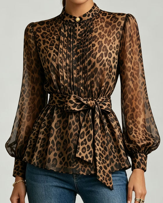 Blouse Luipaard Print Opstaande Kraag Poef Mouw Vetersluiting