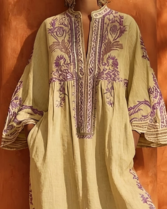 Jurk V-Hals Etnische Print Loose Fit