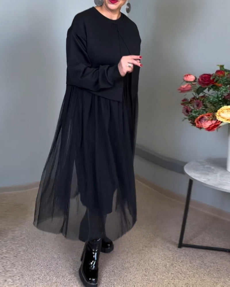 Effen kleur elegante jurk met onregelmatige mesh-stiksels