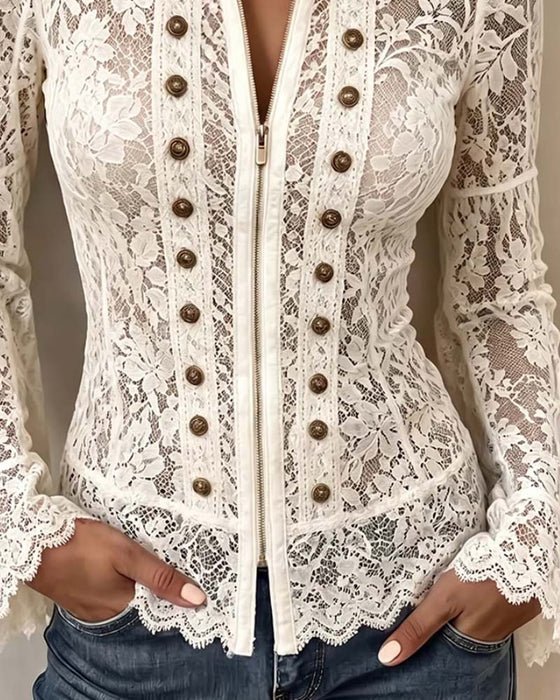 Blouse Staande Kraag Casual Lange Mouw