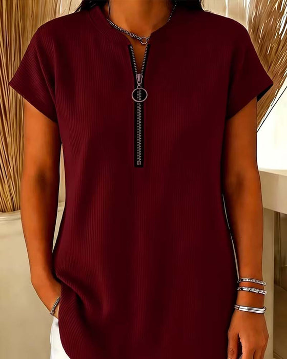 Blouse Effen Korte Mouw Rits