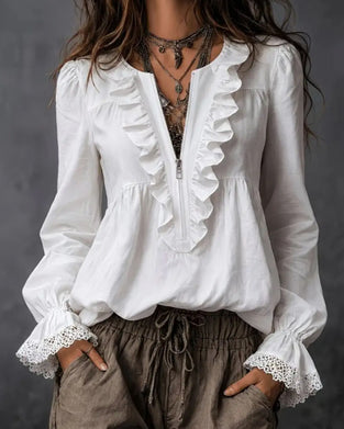 Blouse Met Rits En Ruchesmouwen