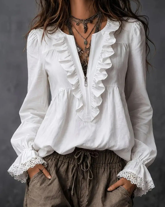 Blouse Met Rits En Ruchesmouwen