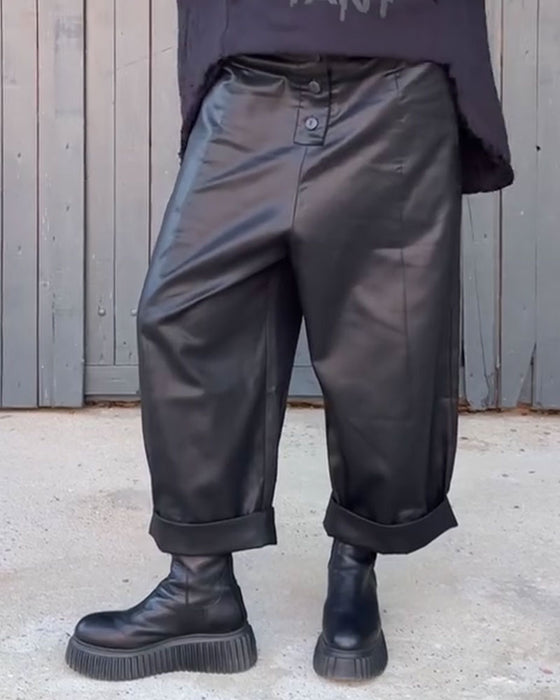 Broek Hoge Taille Wijde Pijp Opgerolde Zoom