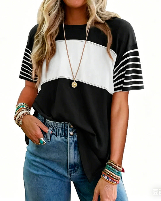 T-Shirt Pullover Gestreept Kleurblok Korte Mouw