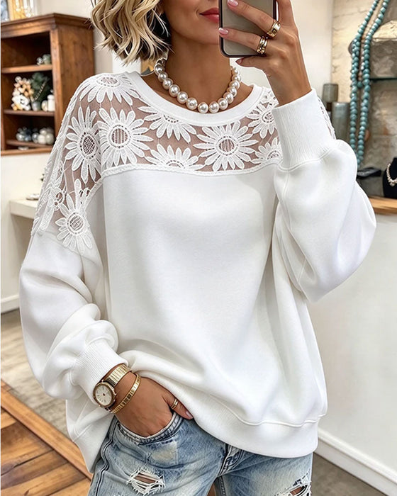 Sweatshirt Ronde Hals Zonnebloem Kant Patchwork