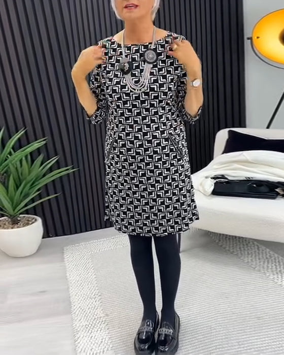 Retro geometrische print ronde hals jurk met zakken