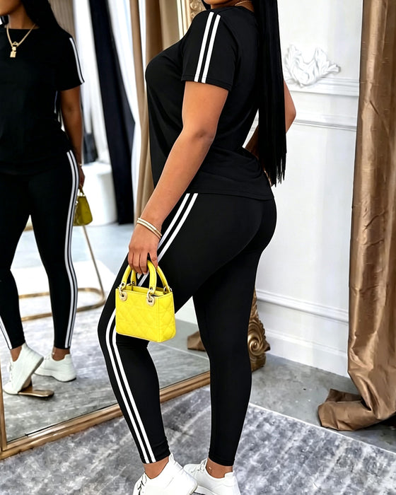 Set Gestreept Kortmouw Lange Sweatbroek