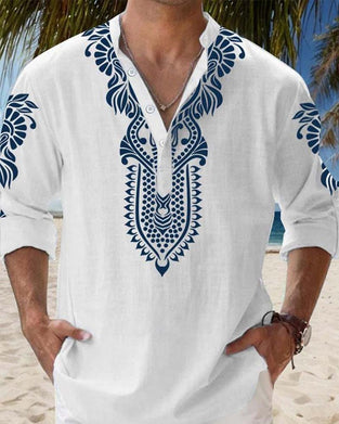 Overhemden Etnisch Blauw Print Mandarin Kraag