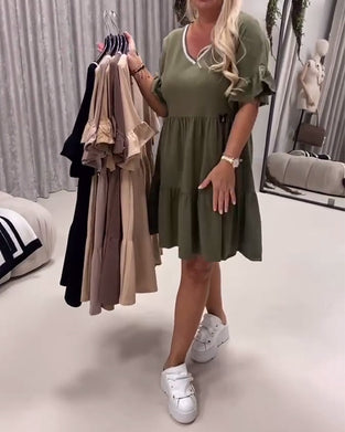 Jurk V-Hals Ruchemouw A-Lijn