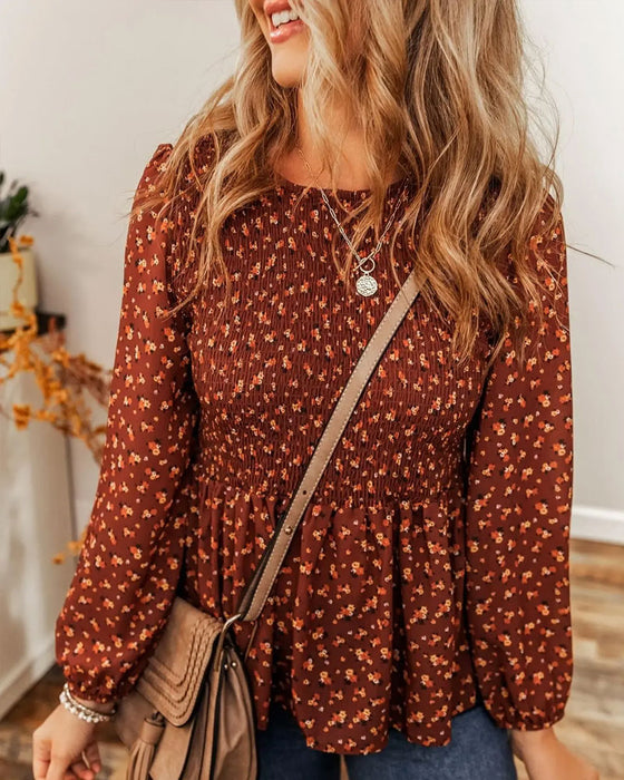 Blouse Bloemen Gerimpeld Lange Mouw