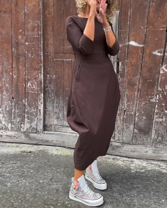 Eenvoudige effen kleur zak lange mouw elegante jurk