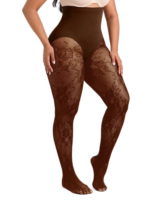 Dames vormende panty met hoge taille en bloemenkant