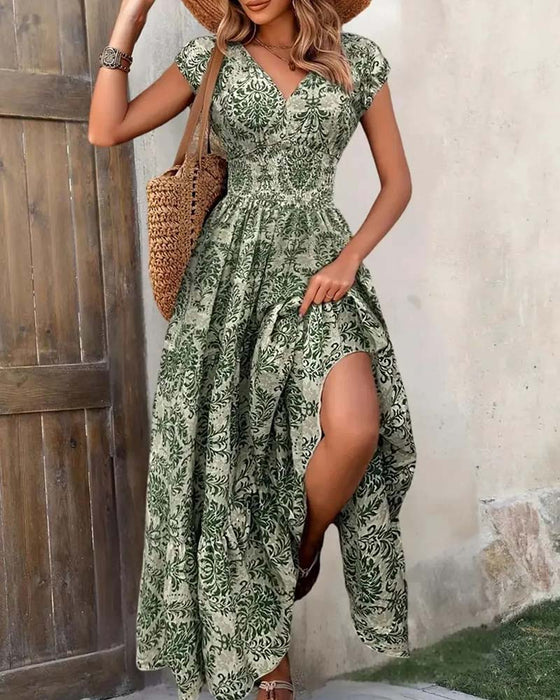 Jurk Retro Print V-Hals Ingesnoerde Taille Lang