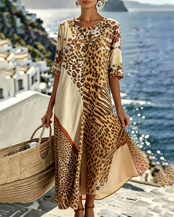 Jurk Luipaard Print Rondhals Patchwork
