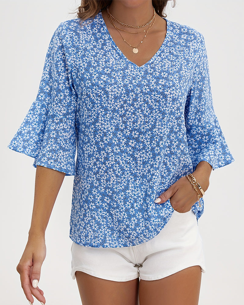 Blouse V-Hals Floraal Vlinder Mouw