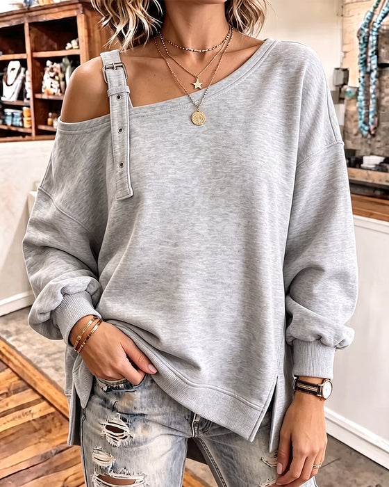 Sweatshirt Vrije Schouder Band Split Losse Pasvorm