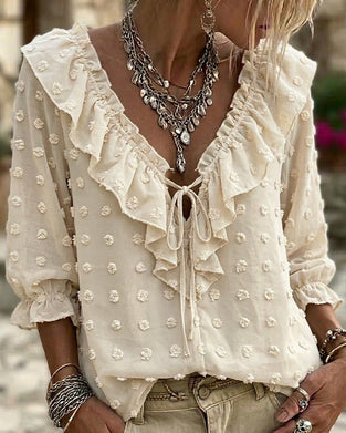 Blouse V-Hals Driedimensionale Bedrukte Pofmouwen