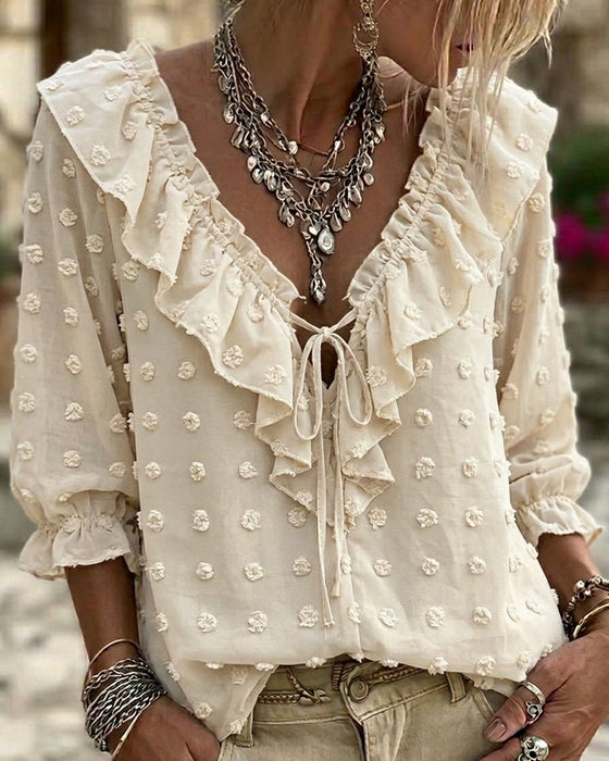 Blouse V-Hals Driedimensionale Bedrukte Pofmouwen