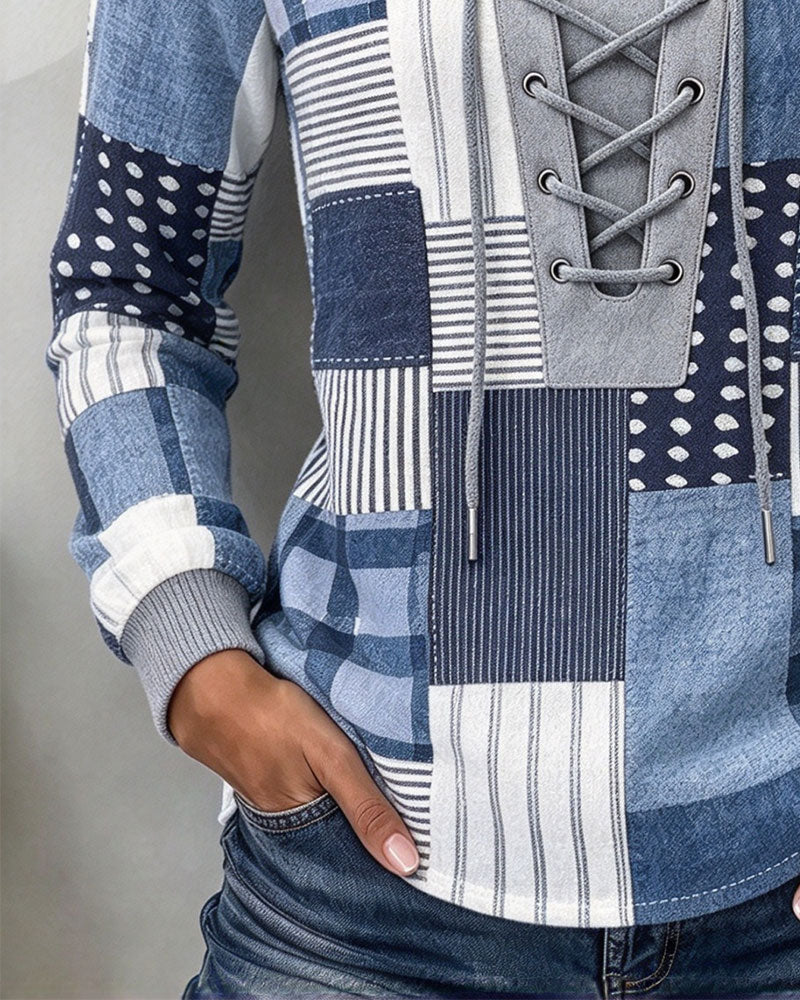 Sweatshirt Vetersluiting Geruit Lange Mouw Slim