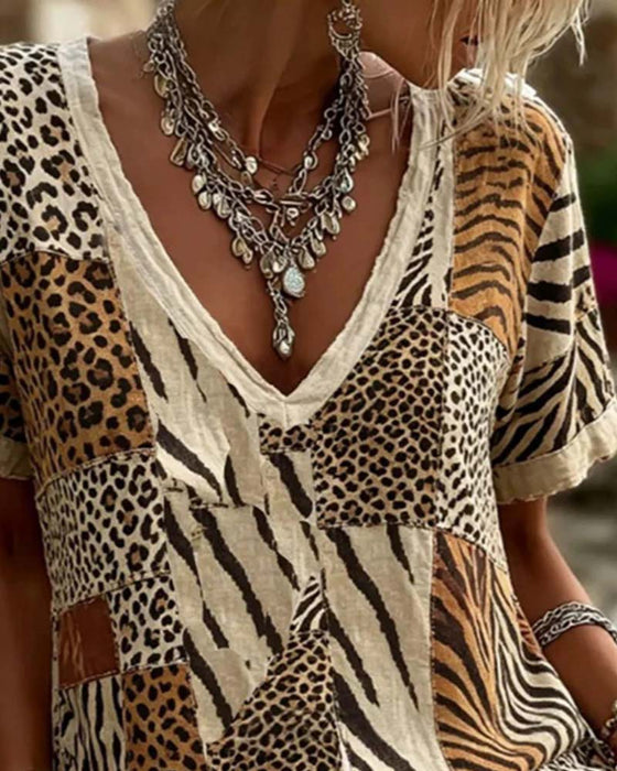 T-Shirt Dierenprint Patchwork V-Hals Korte Mouw
