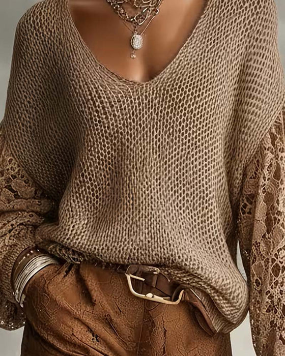 Pullover Kant Uitsnijding Patchwork Lantaarnmouw
