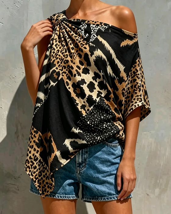 Blouse Luipaardprint Patchwork Een Schouder