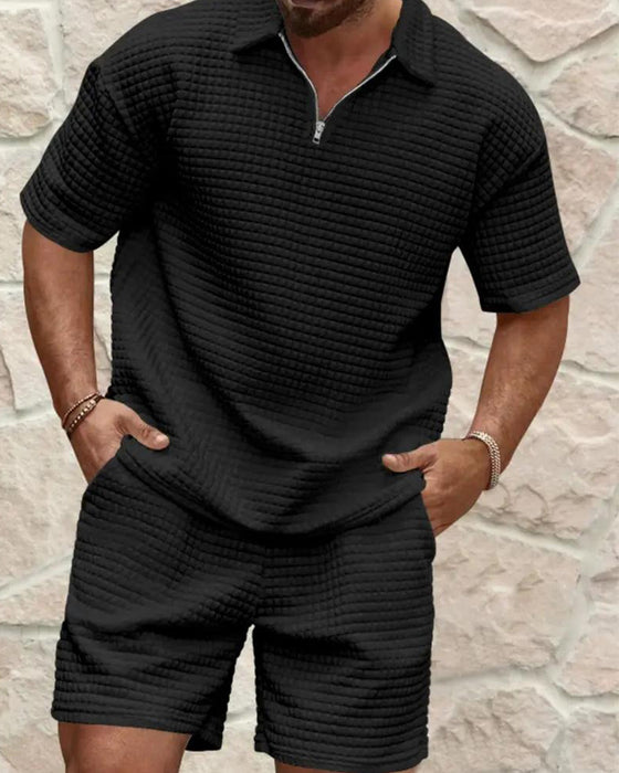 Set Polo Kraag Rits Wafel Textuur Shorts