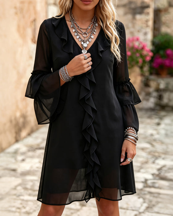Jurk Ruffle Flare Mouw V-Hals