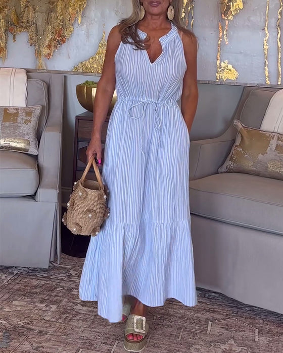 Mouwloze jurk met trekkoord en strepenprint