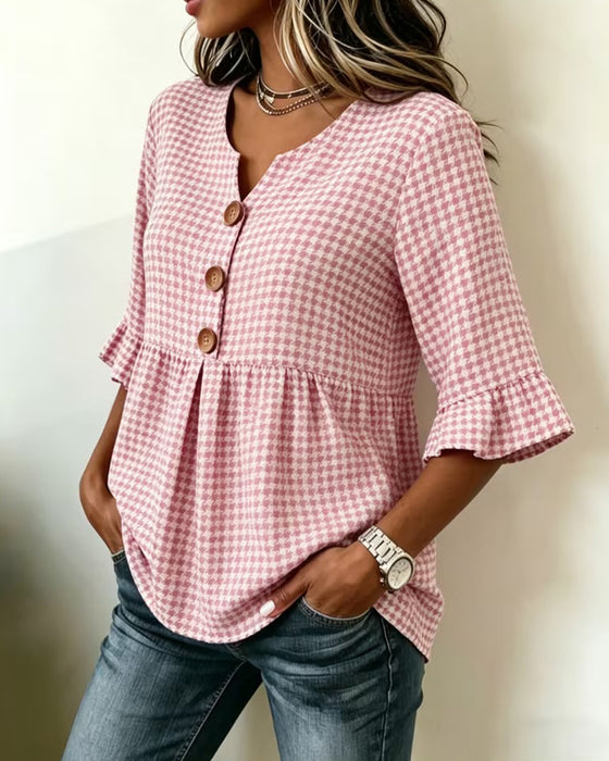 Blouse Ruitjesmotief Drieknoops Casual