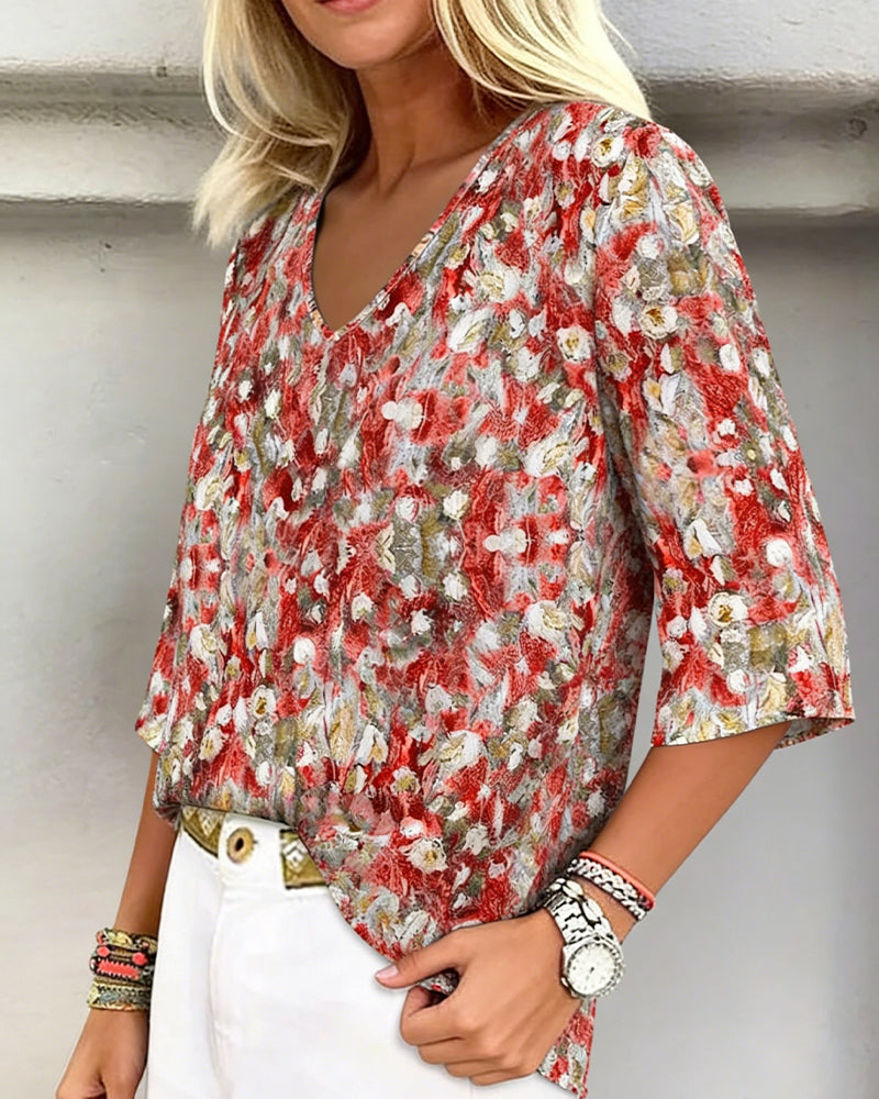 Blouse Bloemenprint V-Hals Driekwart Mouw