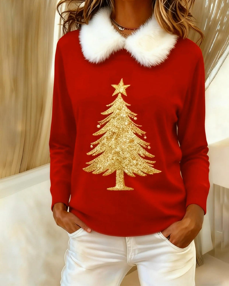 Geprinte Langmouwige Top Met Bontkraag