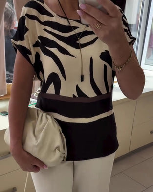 Blouse Ronde Hals Geometrisch Patchwork Korte Mouw