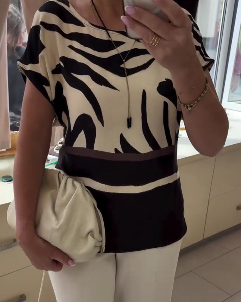 Blouse Ronde Hals Geometrisch Patchwork Korte Mouw