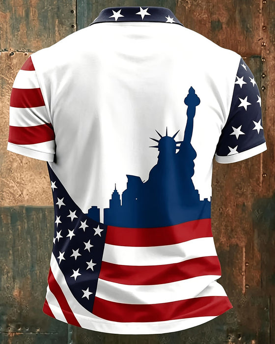 T-Shirt Sterren En Strepen Print Kraag Knoop