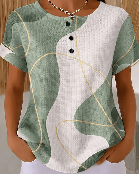 Blouse Met Ronde Hals, Knoppen, Contrastkleurige Lijnen