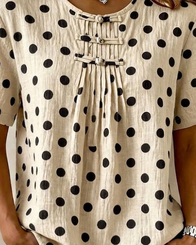 Blouse Polka Dot Frog Button Korte Mouw