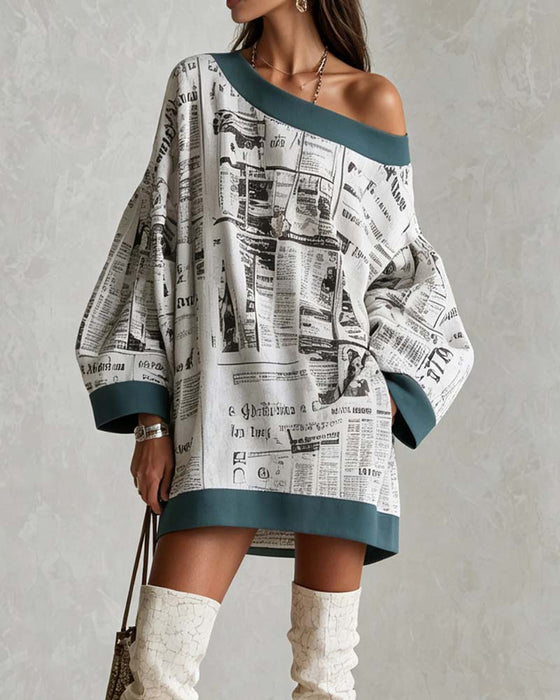 Jurk Off-shoulder Vleermuismouw Print