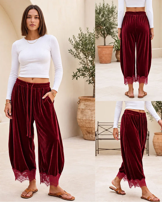 Broek Elastische Taille Kant Stiksel Wijd Been