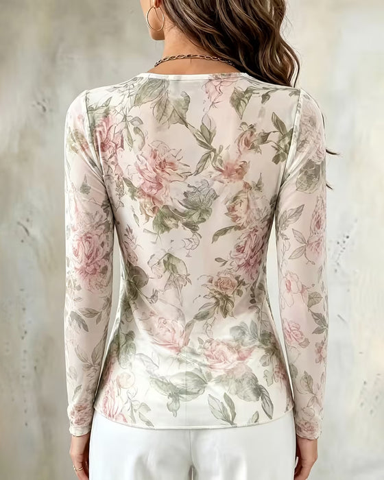 Blouse Gerimpelde Hals Bloemenprint Geplooid