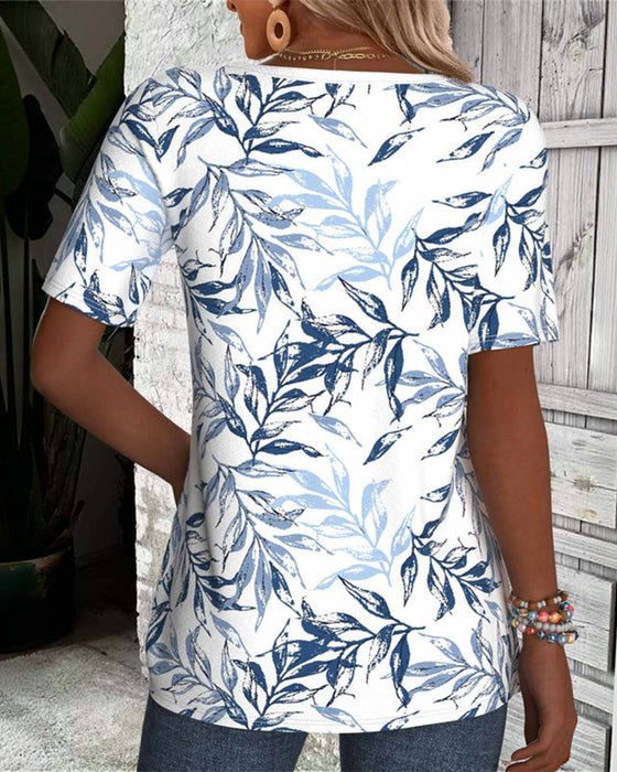 T-Shirt V-Hals Korte Mouwen Bamboebladprint