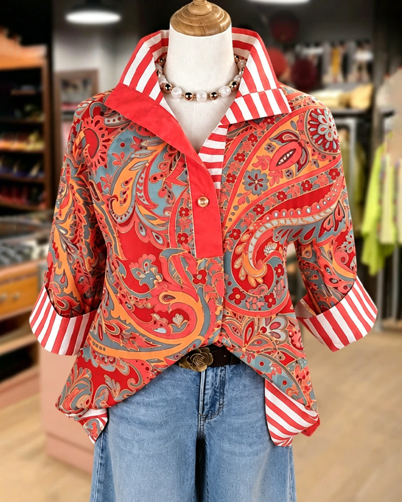 Blouse Patchwork Bloemen Afdruk Casual