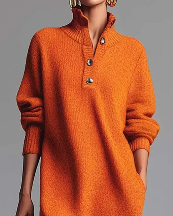 Effen Kleur Jurk Met Knopen En Hoge Hals