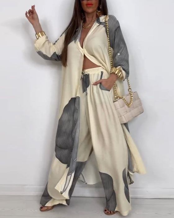 Pak Revers Knop Kleurblok Gestreepte Rechte Broek